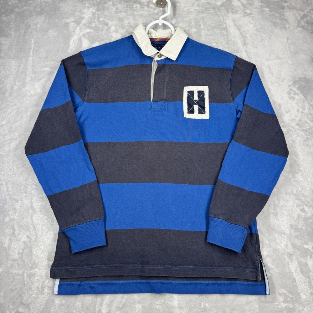 Vtg TOMMY HILFIGER Rugby Polo Shirt Mens L Blue Striped H Patch Y2K 2000s LS